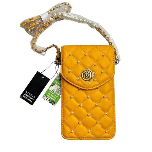 NWT Badgley Mischka Crossbody Phone Case with Diamond Quilting and Pearls Yellow - Picture 1 of 4